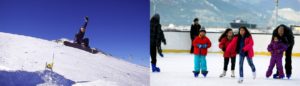 Atleta fazendo manobra em snowboard e crianças patinando sobre o gelo.